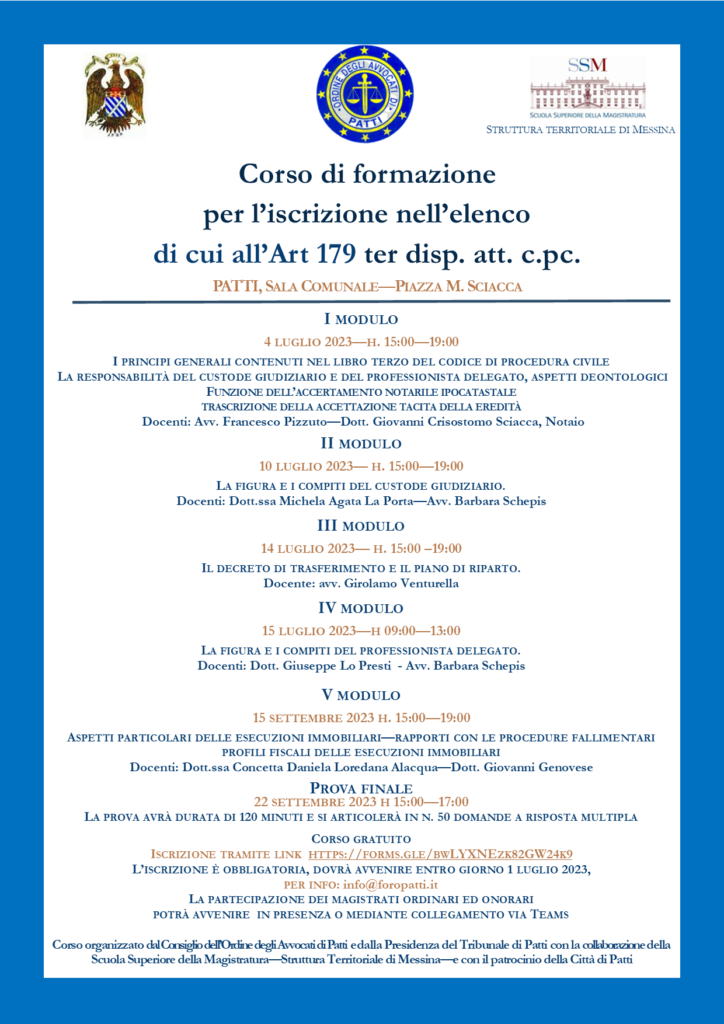 Corso di formazione per l’iscrizione nell’elenco  di cui all’Art 179 ter disp. att. c.p.c